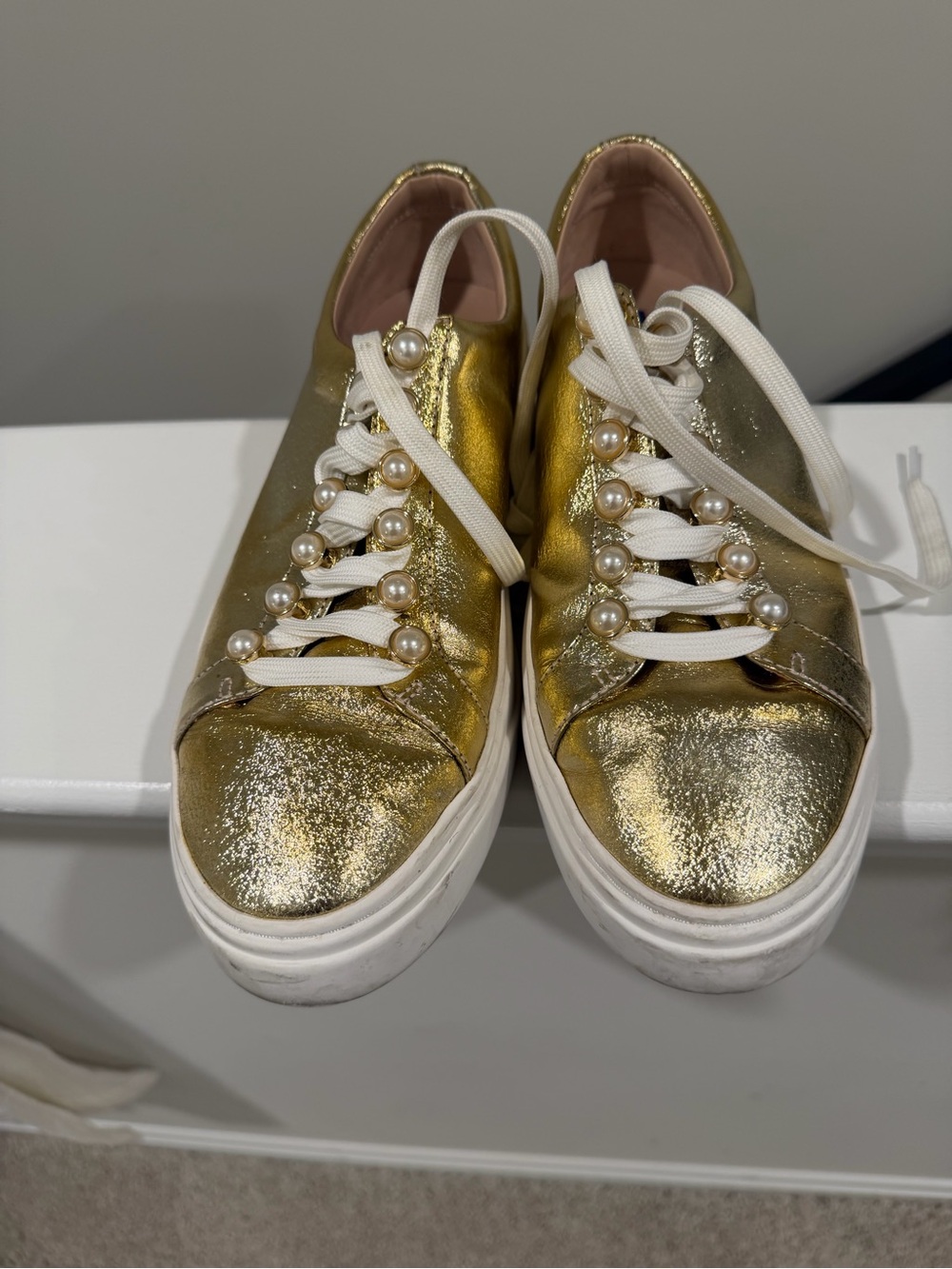 Stuart Weitzman Gold Pearl-Detail Lace-Up Sneakers